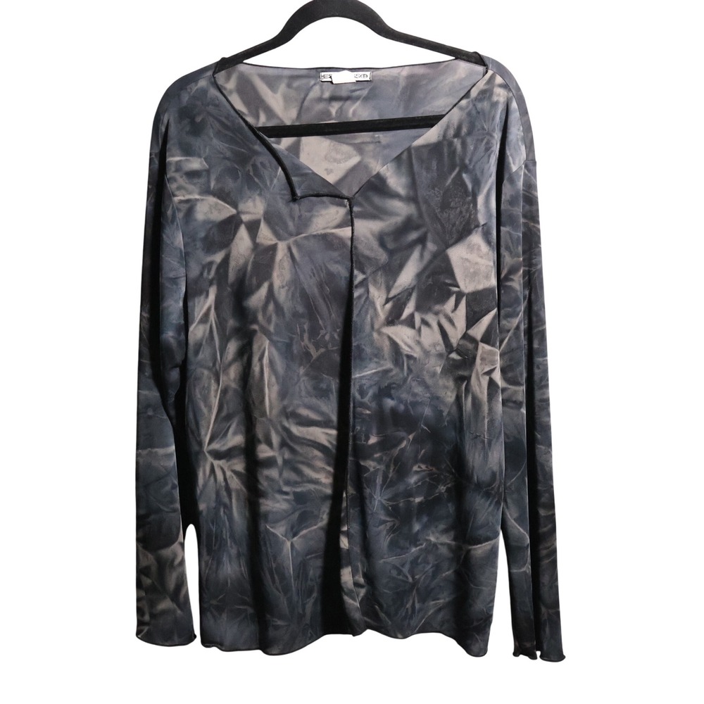 Y2K Espresso‎ Grunge Gray Mesh Top Long Sleeve 2X V Neck Lettuce Hem Tie Dye